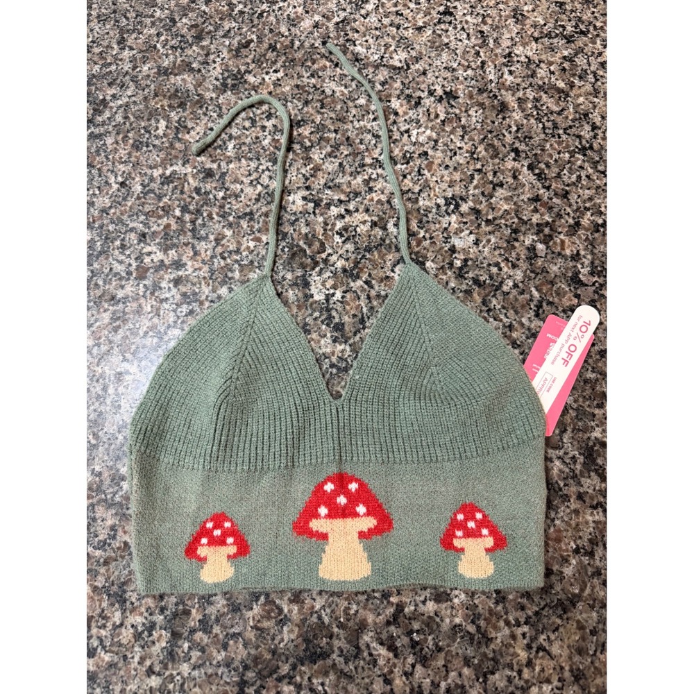 Romwe Sage Green Mushroom Knit Halter Crop Top NWT Cottagecore Ribbed Cami